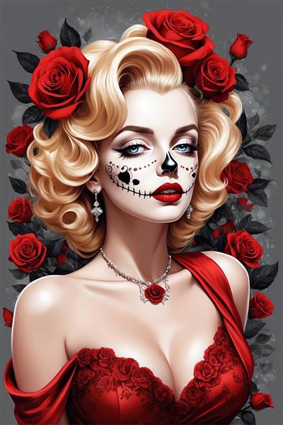 مرلین مونرو شیک با آرایش اسکلتی، گردنبند رز و لباس شب قرمز