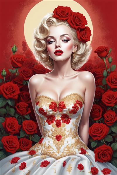 مرلین مونرو عروس با لباس سفید و طلایی و تاج گل رز در نور ماه سرخ