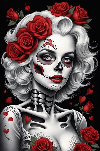 مرلین مونرو فانتزی با دنده‌های اسکلتی و رزهای حجیم سفید و سرخ