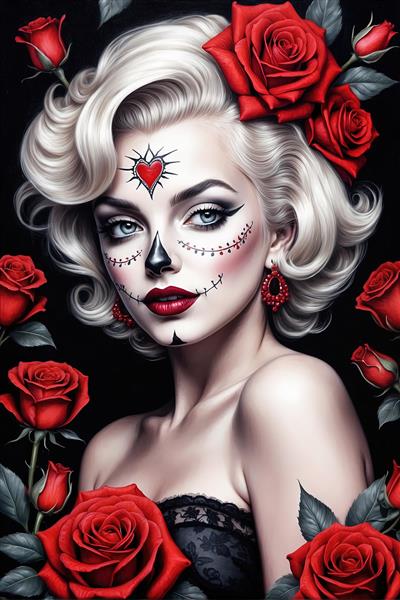 مرلین مونرو قلب سرخ با آرایش (قلب روی پیشانی) و رزهای بزرگ گوتیک