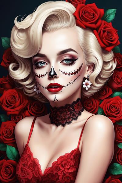 پرتره مرلین مونرو کاترینا با چوکر توری سیاه، آرایش کوکی و رزهای تیره