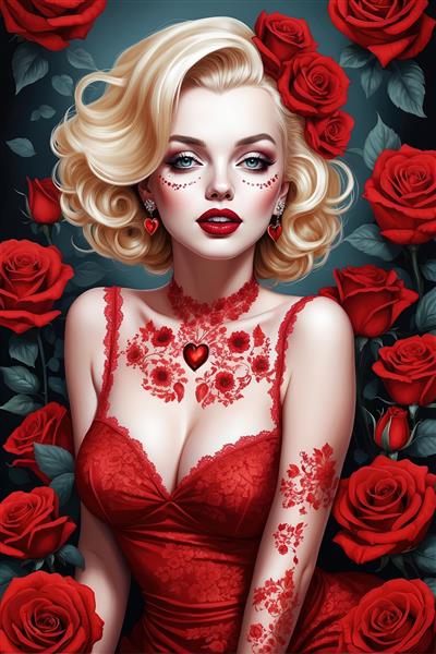 مرلین مونرو عشوه گر با تاتوی قلب و رزهای سرخ، چوکر و گوشواره‌های قلبی