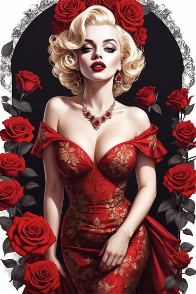 مرلین مونرو سلطنتی در لباس شب ساتن قرمز و طلایی با جواهرات یاقوتی