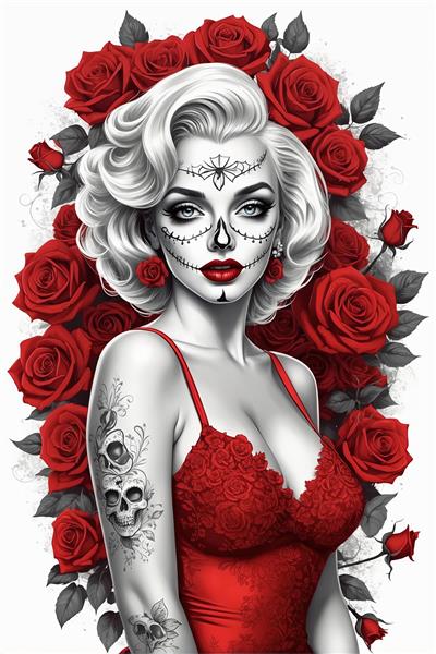 پرتره مرلین مونرو اسکلتی با تاتوی جمجمه‌ها، لباس توری قرمز و رزهای فانتزی