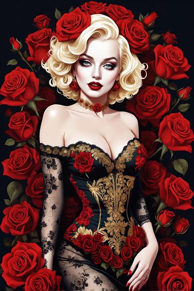 مرلین مونرو اشرافی با لباس کرست طلایی/قرمز، آستین توری و تاج رز