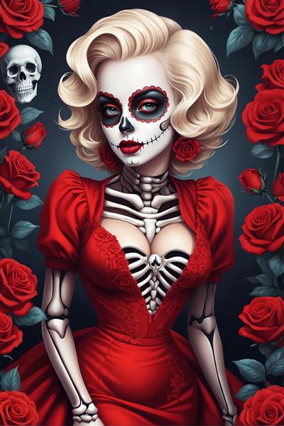 مرلین مونرو اسکلتی کامل در لباس قرمز باز با قفسه سینه استخوانی و جمجمه