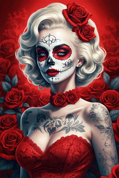مرلین مونرو رمانتیک با آرایش چشم قرمز، تاتوهای گل و حاشیه رزهای پرشمار
