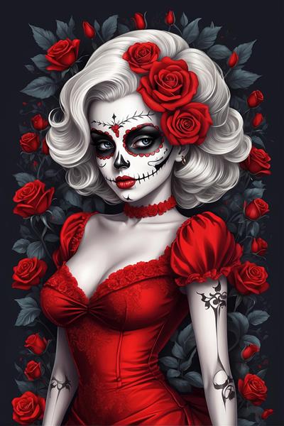 پرتره مرلین مونرو با موهای نقره‌ای، لباس قرمز روستیک و تاتوی استخوانی