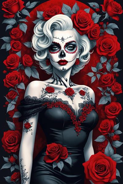 مرلین مونرو خون‌آشام با آرایش و لباس سیاه و رزهای تیره در پس‌زمینه قرمز