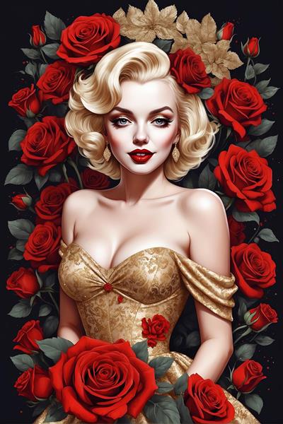 مرلین مونرو طلایی با لباس فاخر و حاشیه رزهای قرمز مخملی و برگ‌های تیره