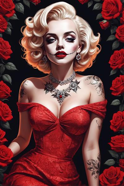 مرلین مونرو گلمور با آرایش ظریف کاترینا، گردنبند جواهر و لباس ساتن قرمز