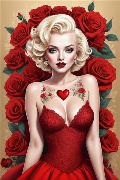 مرلین مونرو عاشق در لباس قرمز توری با تاتوی قلب برجسته و رزهای طلایی