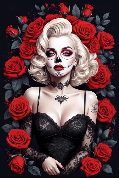 مرلین مونرو کاترینا جذاب با لباس توری سیاه، چوکر و گردنبند تاتوی استخوانی