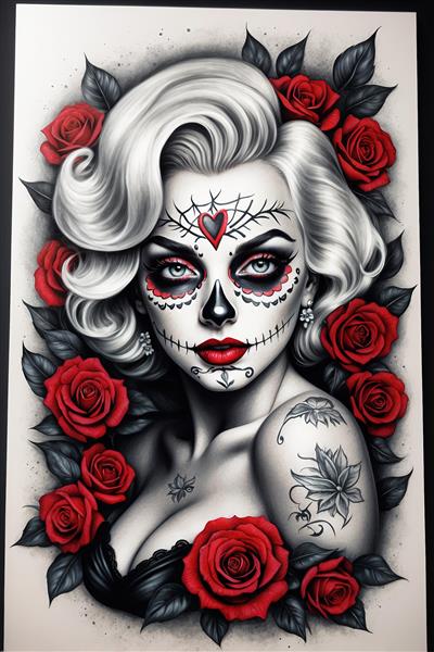 پرتره مرلین مونرو گوتیک با آرایش و تاتوی قلب و رزهای سرخ