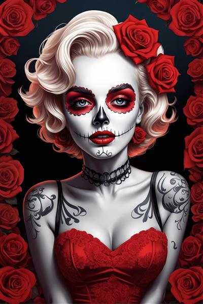 پرتره مرلین مونرو با آرایش جمجمه‌ای کامل، چوکر توری و رزهای تیره