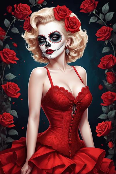 مرلین مونرو کاترینا در لباس دامن‌دار قرمز و حاشیه قوس‌دار رزهای رمانتیک