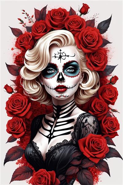 مرلین مونرو ترسناک شیک با آرایش اسکلتی، دنده‌های تاتویی و لباس توری سیاه