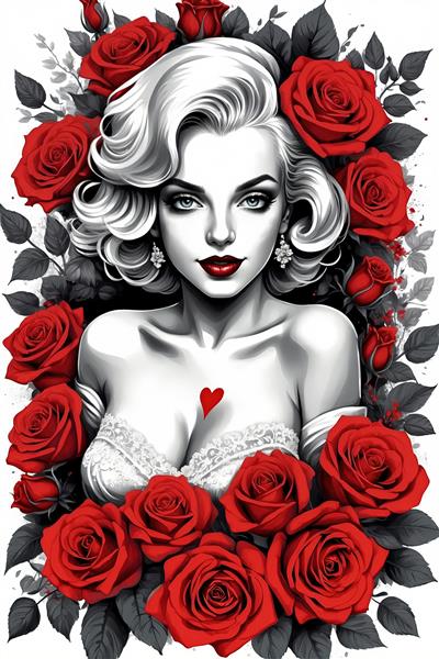 تصویر مرلین مونرو کلاسیک تک‌رنگ با تأکید بر لب‌های قرمز و تاج رزهای بزرگ