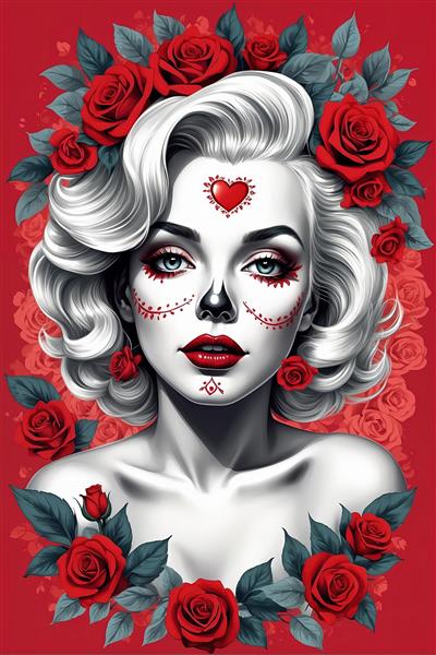 پرتره مرلین مونرو عاشق با آرایش قلب‌شکل و تاج گل رز سرخ