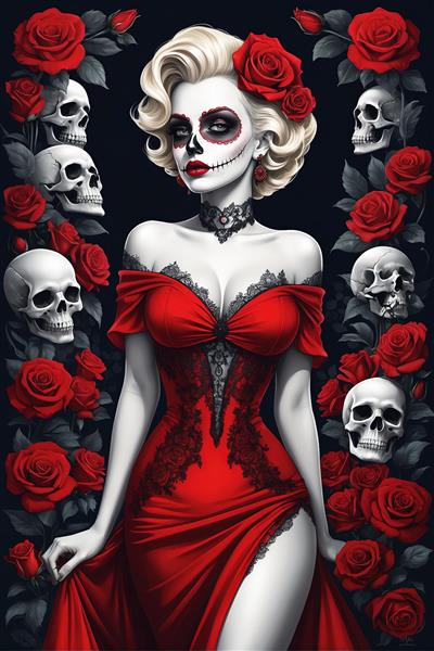 مرلین مونرو گوتیک در لباس شب قرمز با رزها و جمجمه‌های شناور در تاریکی