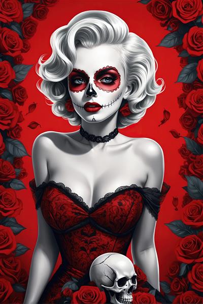 تصویر لوکس مرلین مونرو با آرایش اسکلتی، جمجمه و حاشیه گل‌های رز قرمز