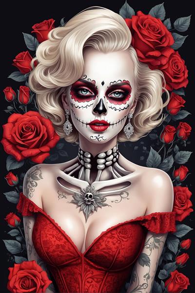 پرتره جنجالی مرلین مونرو به سبک اسکلت مکزیکی با گردنبند استخوان و رزهای خونین