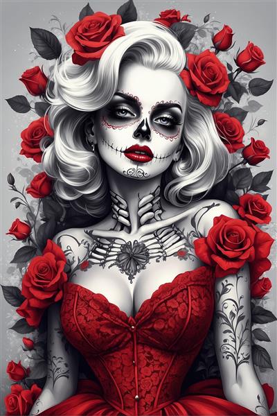 مرلین مونرو اسکلتی (کاترینا) با لباس قرمز و زمینه رزهای تیره
