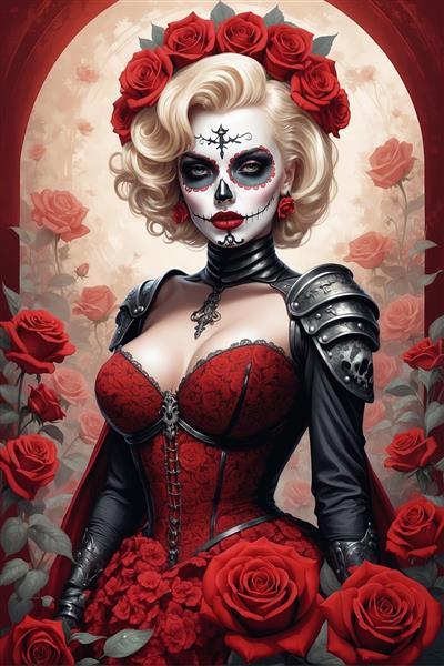 طرح مونرو جنگجو در طاق رومی با لباس کورستی و تاج گل رز