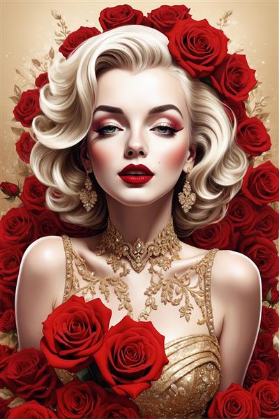 تصویر لوکس مرلین مونرو با لباس طلایی و آرایش زیبا در میان رزها