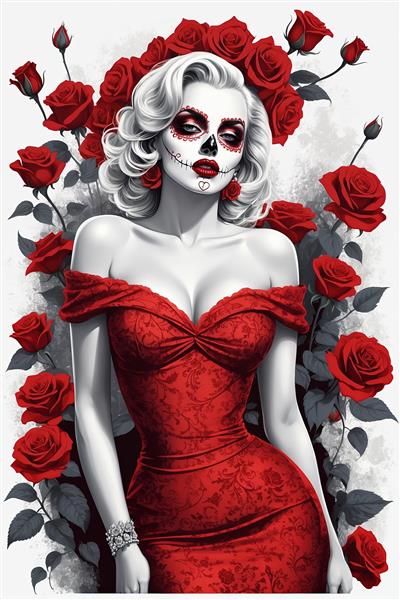 طرح مرلین مونرو با لباس شب قرمز و آرایش اسکلتی ظریف