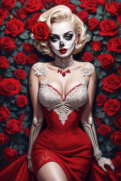 پوستر مرلین مونرو اسکلتی با لباس توری سفید و پس‌زمینه رزها