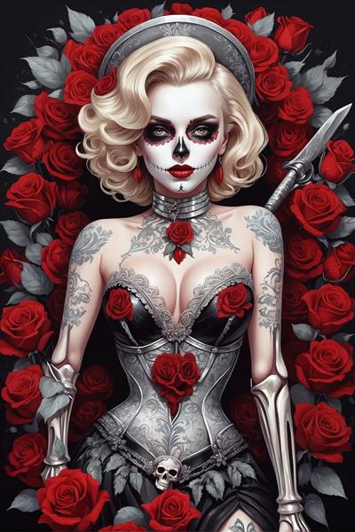 طرح گوتیک مرلین مونرو با کورست نقره‌ای، آرایش اسکلتی و رز