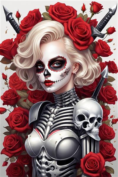 تصویر اورجینال مرلین مونرو اسکلتی با زره، شمشیر و گل‌های سرخ