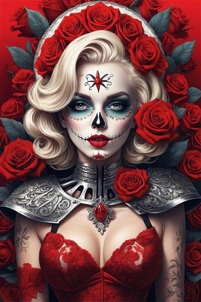 طرح مونرو با زره جنگی و آرایش کتینا احاطه شده با رزهای سرخ