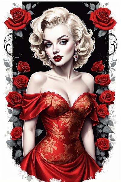 پرتره لوکس مرلین مونرو با لباس قرمز و طلایی و رزهای سرخ