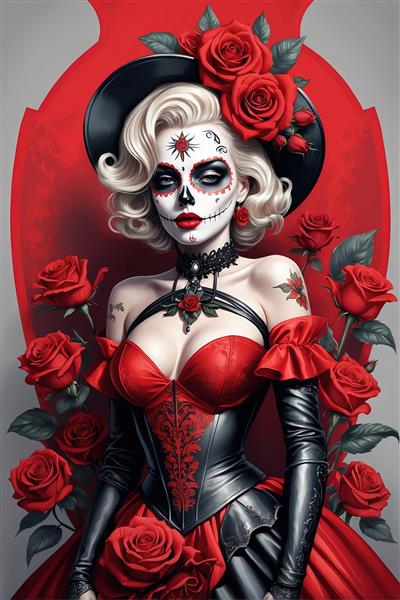 تصویر دکوراتیو مرلین مونرو با کلاه، لباس کورستی و رزهای قرمز