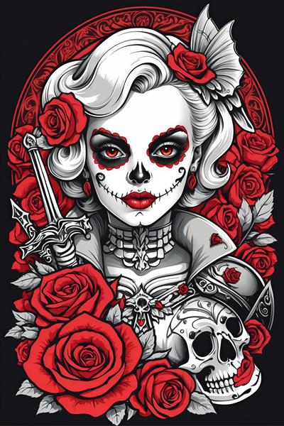 طرح مرلین مونرو در هیبت ملکه کتینا با شمشیر و تاج جمجمه