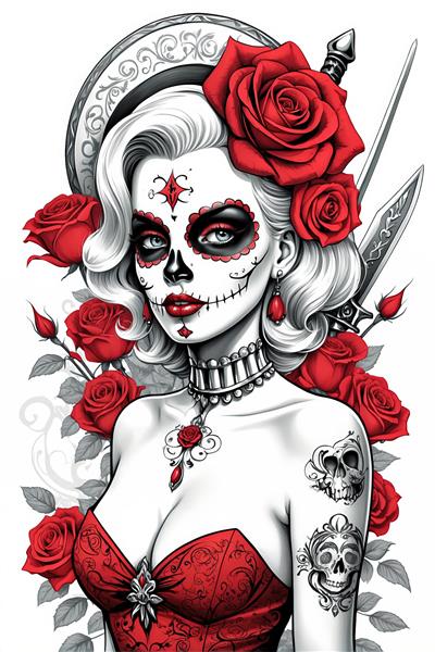 طرح مونرو با آرایش اسکلتی، زیورآلات و خالکوبی رز و شمشیر