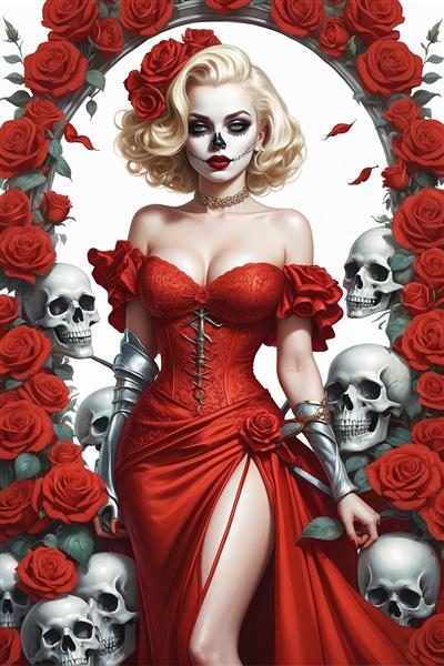 پوستر مرلین مونرو با لباس شب قرمز، اسکلت و رز در طاق رومی