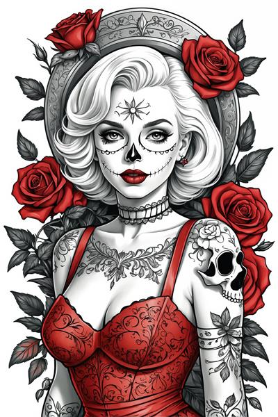 پرتره مونرو با خالکوبی اسکلت و رز، لباس بندی قرمز برای چاپ