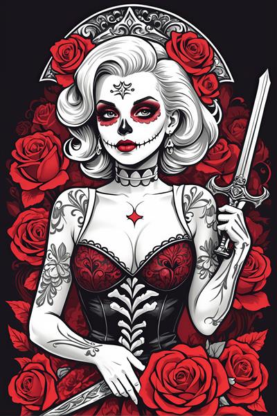 طرح جنگجوی مونرو با شمشیر، لباس کورستی و پس‌زمینه رزهای سرخ