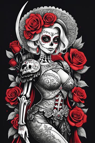 طرح گرافیکی مرلین مونرو با کلاه مکزیکی، زره و اسکلت روی شانه