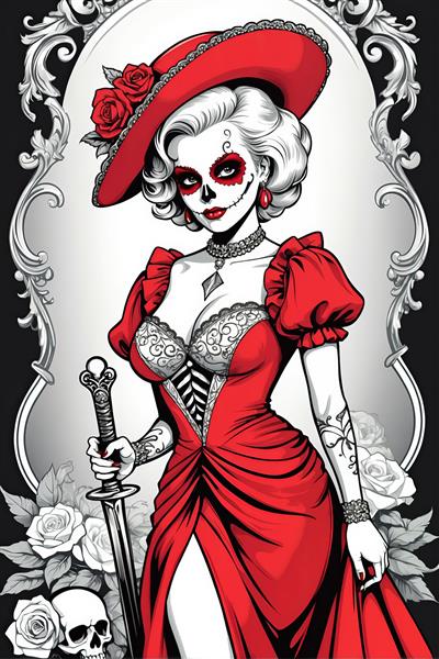 تصویر اورجینال مرلین مونرو با کلاه لبه‌دار، شمشیر و لباس دکوراتیو قرمز