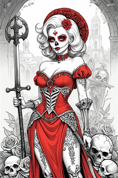 طرح تمام‌قد مونرو با لباس قرمز، شمشیر و اسکلت در پس‌زمینه کلیسا