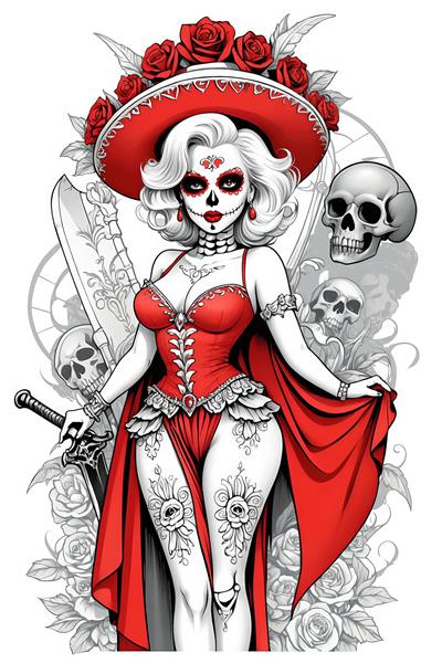 تصویر مرلین مونرو با کلاه مکزیکی، شمشیر و تم روز مردگان