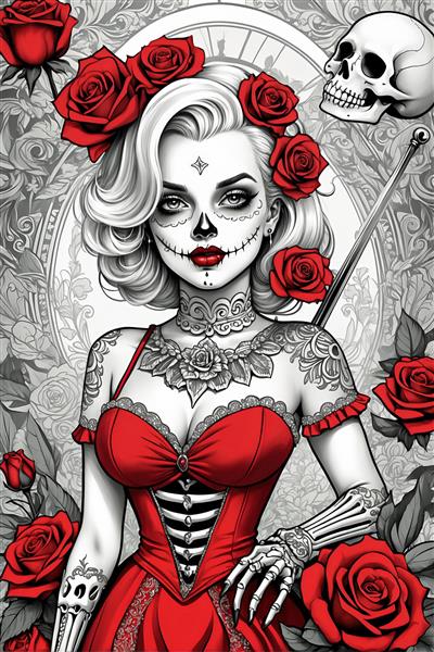 پوستر مرلین مونرو با آرایش اسکلتی، لباس قرمز و پس‌زمینه وینتیج