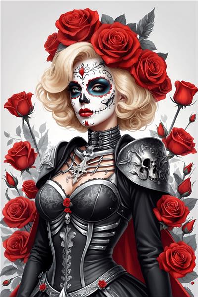 طرح جنگجوی مرلین مونرو با زره اسکلتی و تاج گل رز سرخ