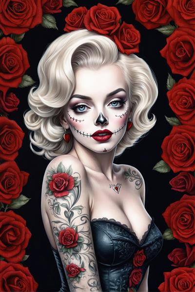 طرح مونرو با خالکوبی رز، آرایش اسکلتی و پس‌زمینه تیره