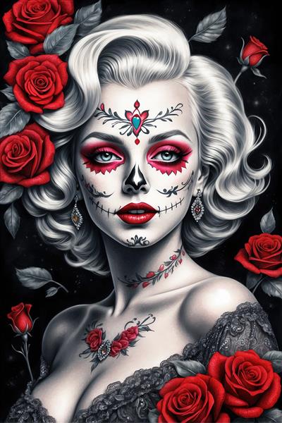 پرتره هنری مرلین مونرو با آرایش فانتزی و گل‌های رز قرمز