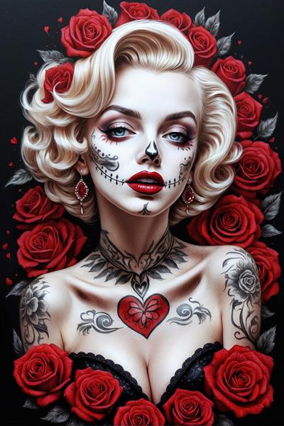 تصویر مرلین مونرو در تم روز مردگان با خالکوبی قلب و رز